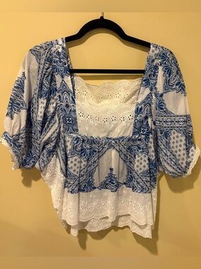 Olivaceous Blue and White Embroidered Square-Neck Peasant Blouse NWOT